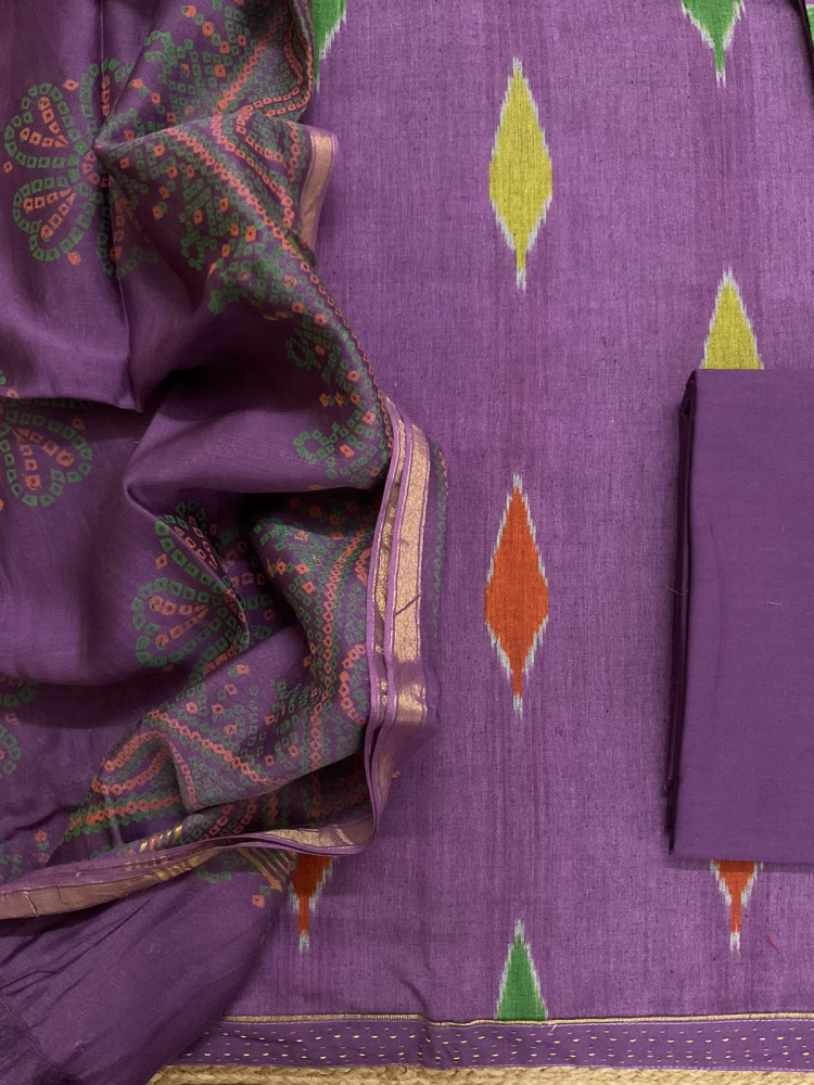 Image of Pure Fine Ikkat Cotton Self Weaved Printed Suit - Purple