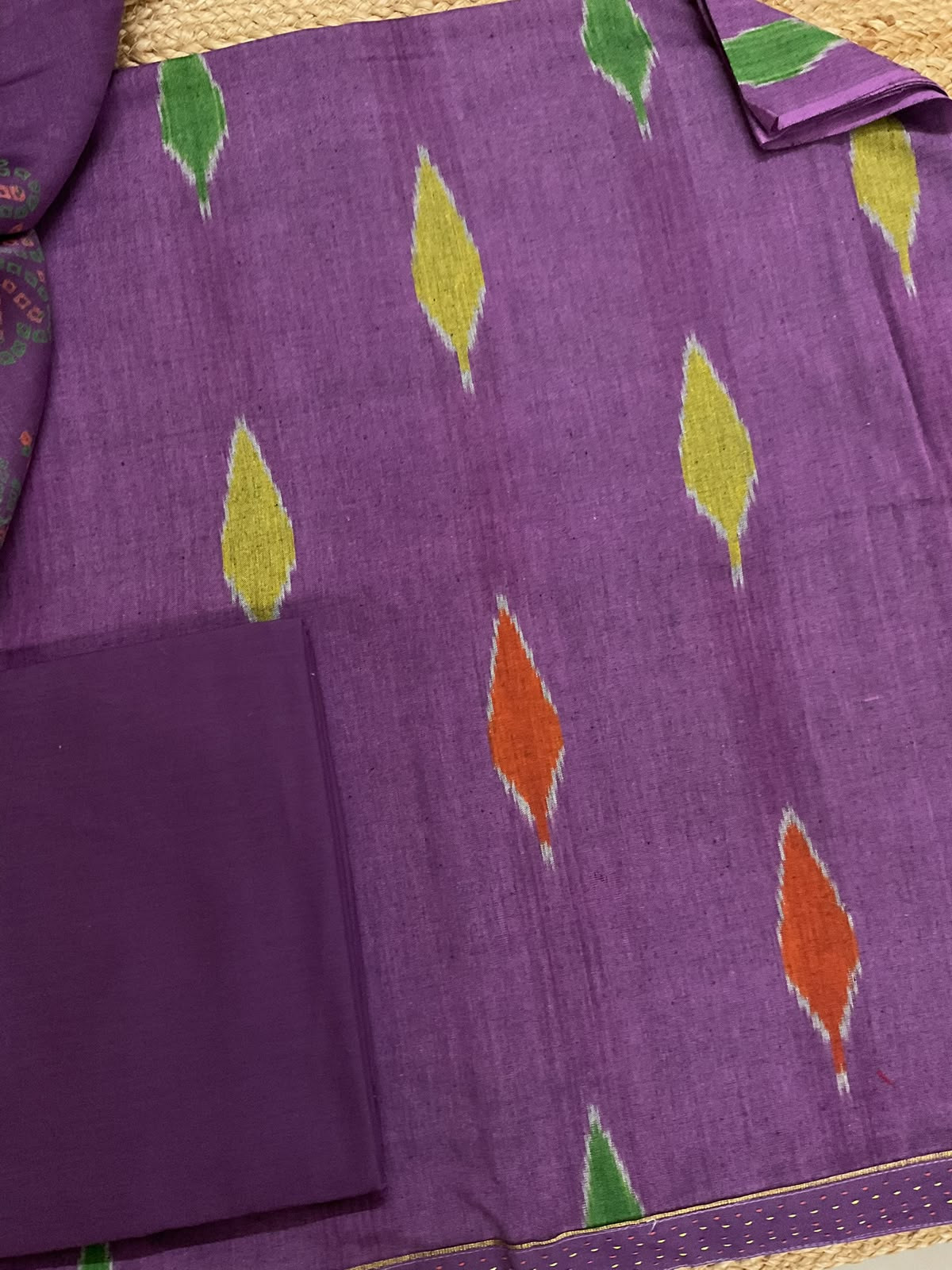 Pure Fine Ikkat Cotton Self Weaved Printed Suit - Purple
