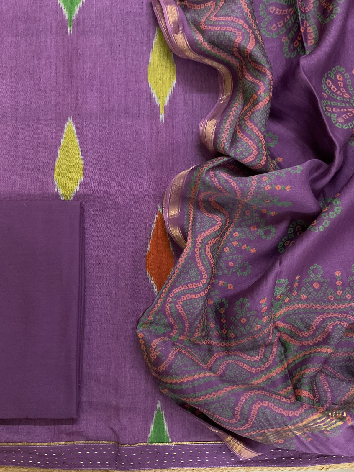 Pure Fine Ikkat Cotton Self Weaved Printed Suit - Purple