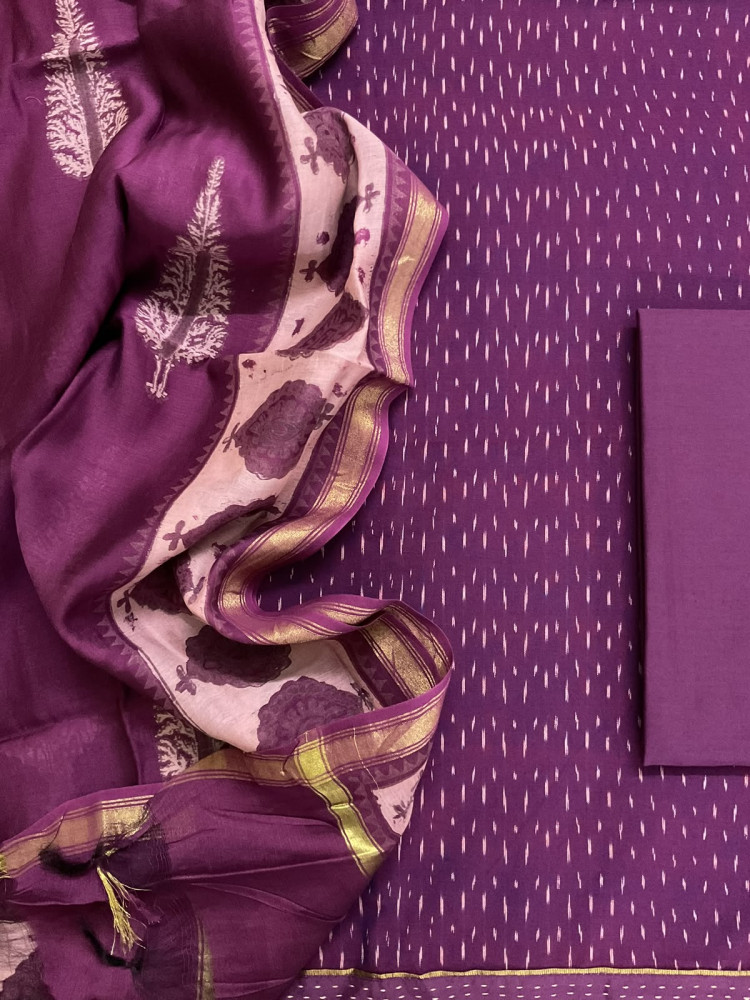 Image of Pure Fine Ikkat Cotton Self Weaved Printed Suit - Purple