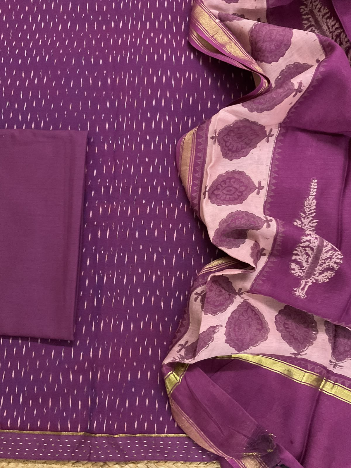 Pure Fine Ikkat Cotton Self Weaved Printed Suit - Purple