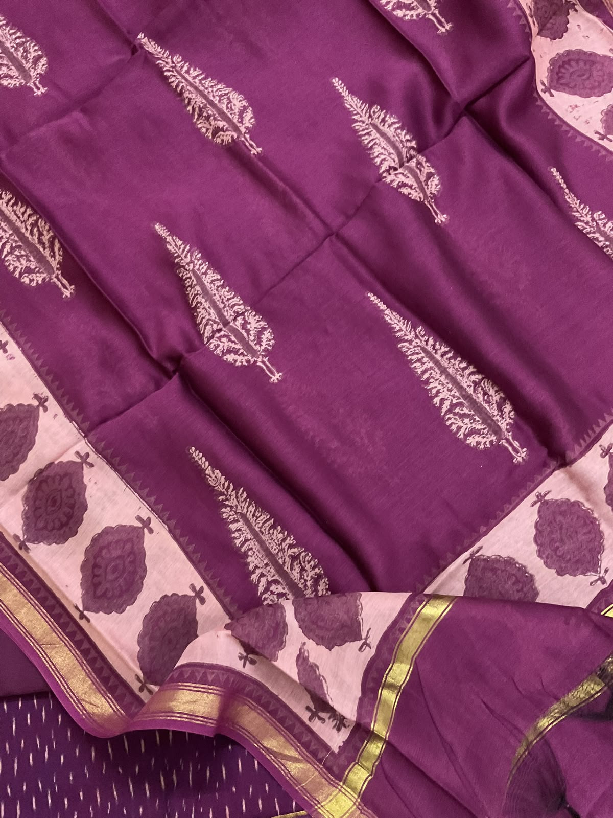 Pure Fine Ikkat Cotton Self Weaved Printed Suit - Purple