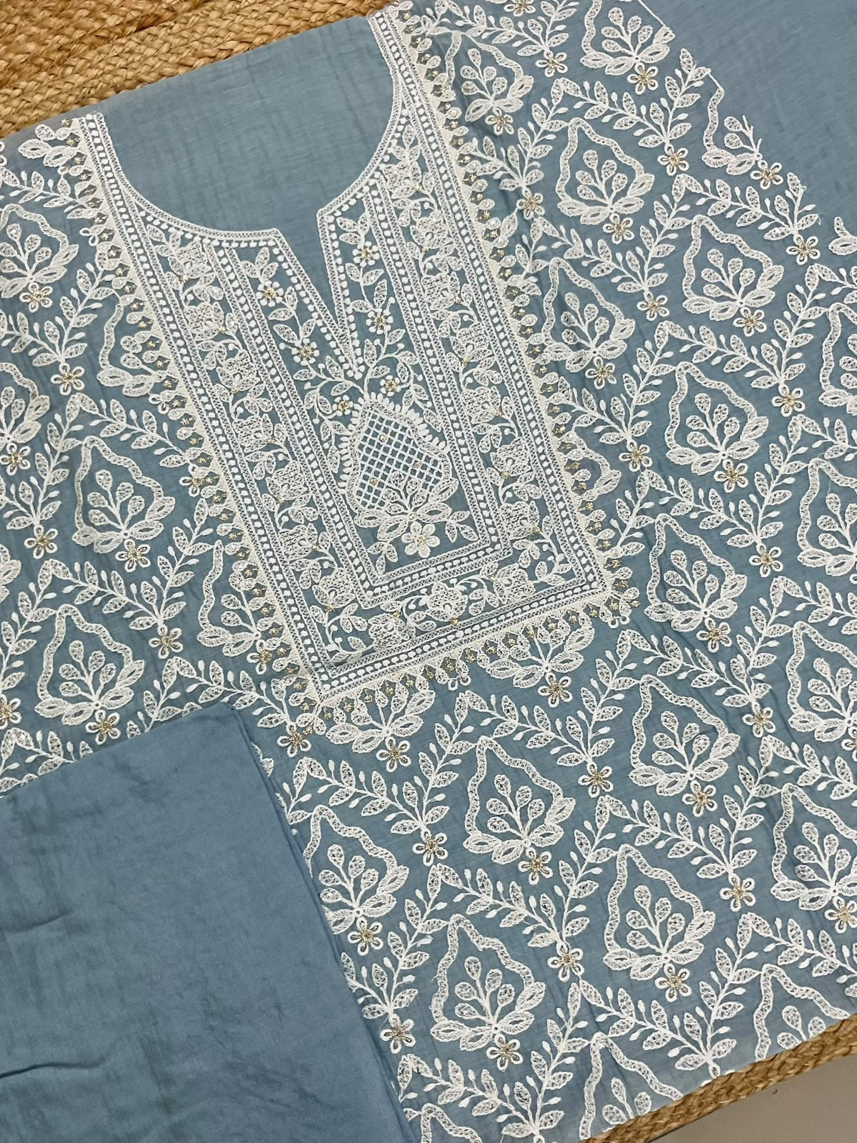 Pure Mul Chanderi Embroidered Suit - Bluish Grey