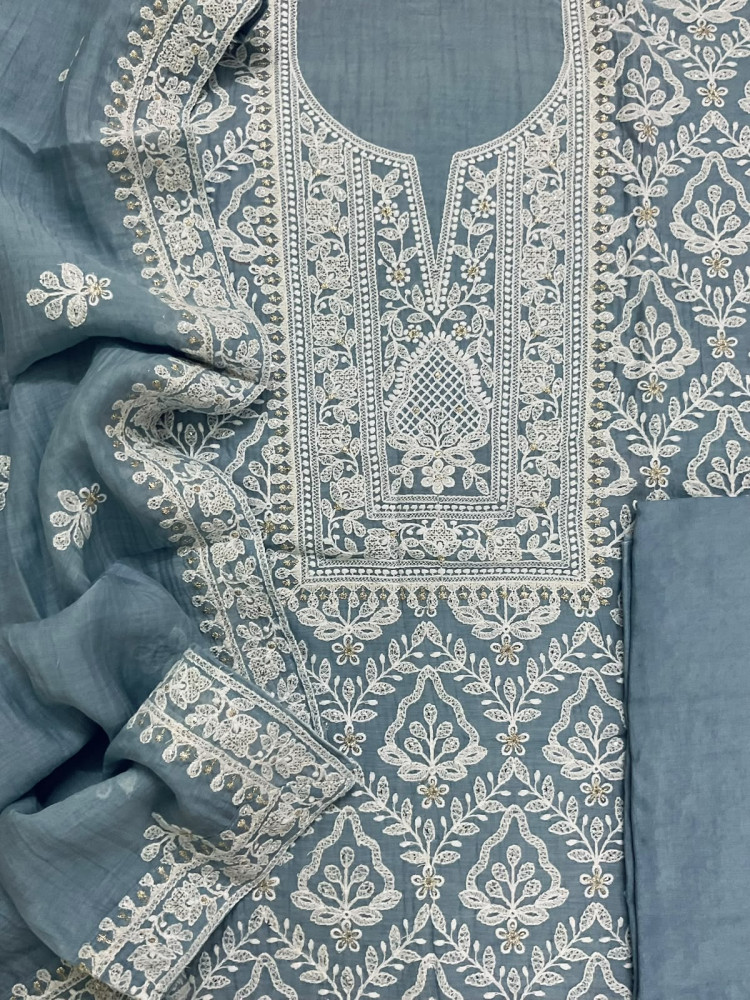 Image of Pure Mul Chanderi Embroidered Suit - Bluish Grey