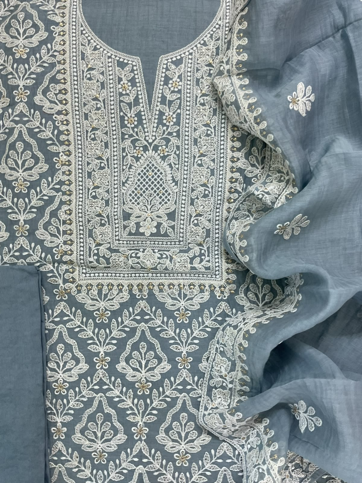 Pure Mul Chanderi Embroidered Suit - Bluish Grey