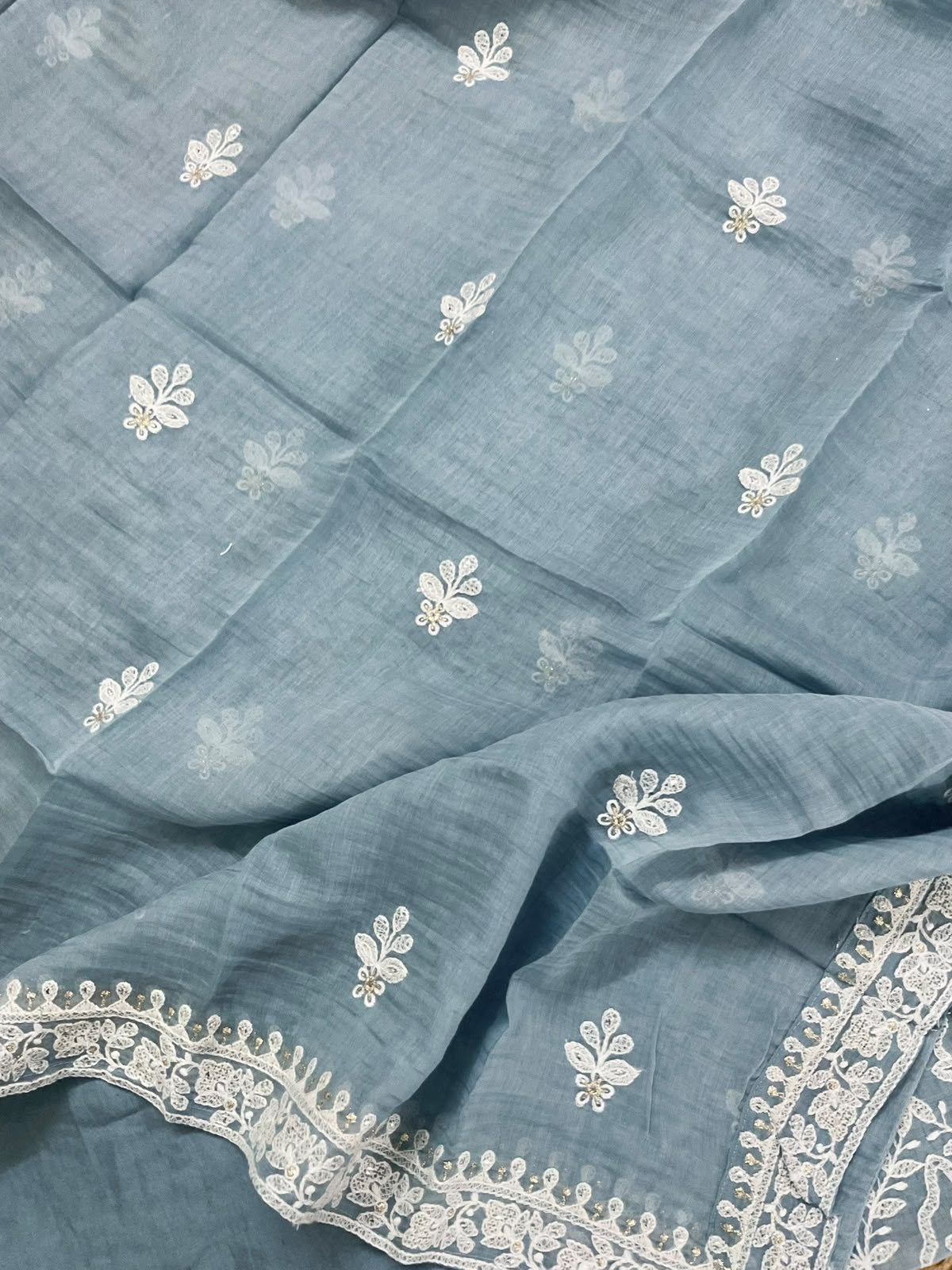 Pure Mul Chanderi Embroidered Suit - Bluish Grey