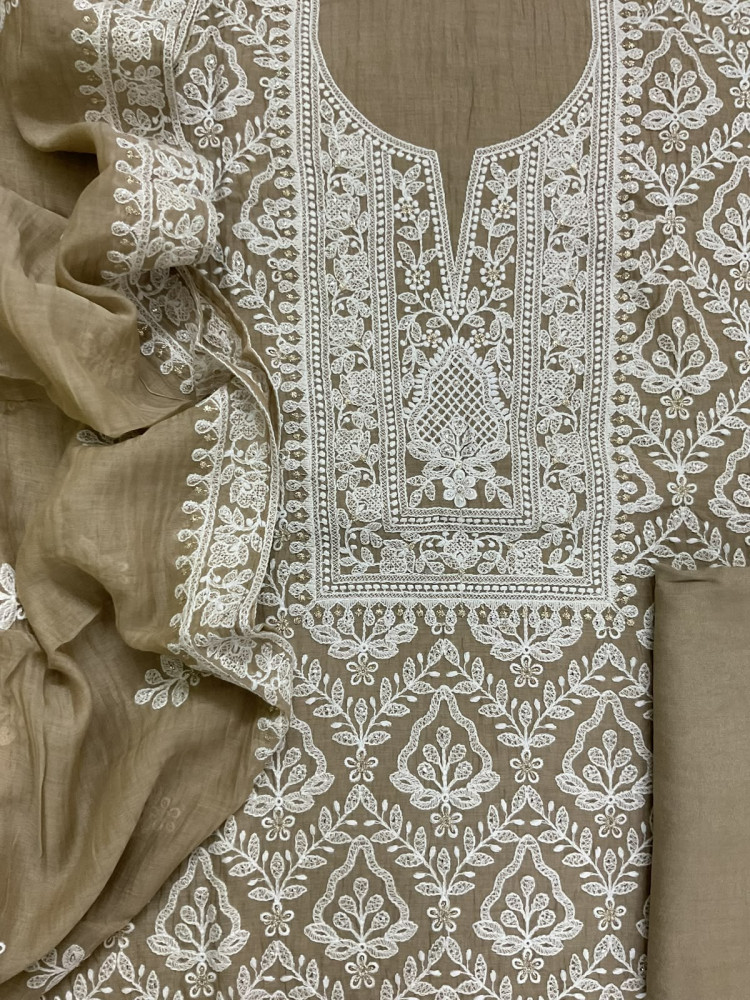 Image of Pure Mul Chanderi Embroidered Suit - Brown