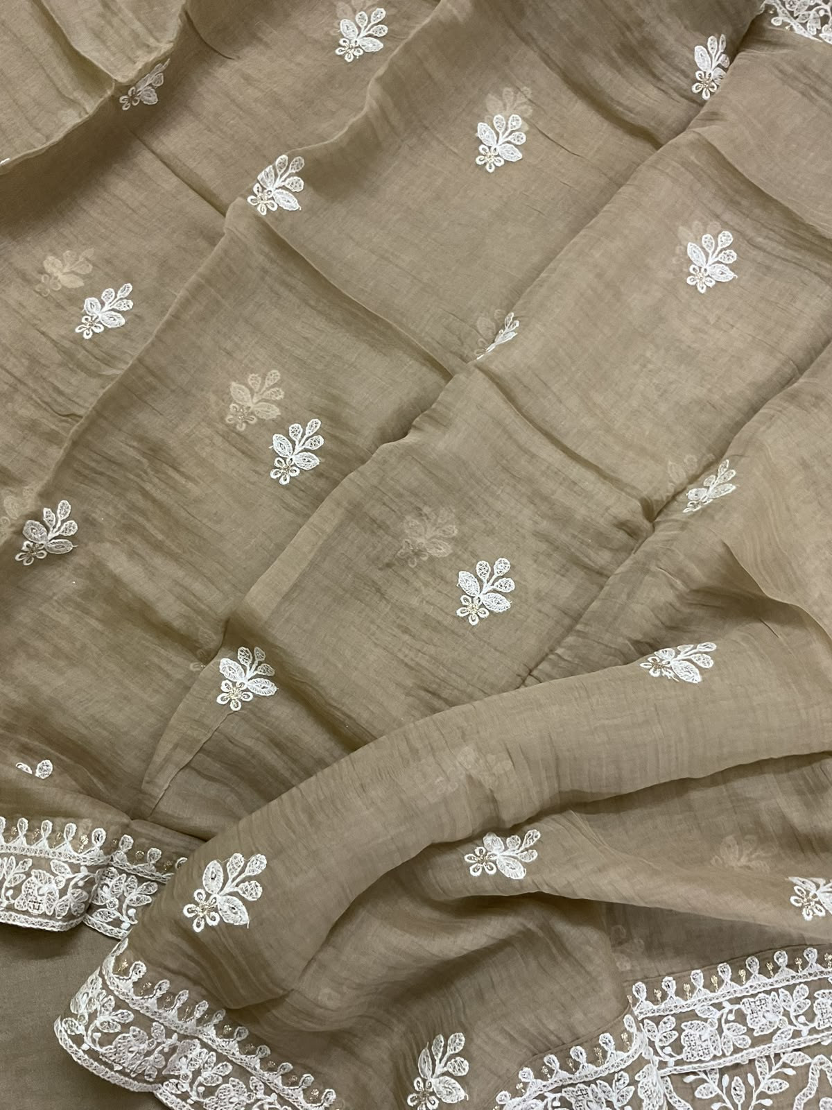 Pure Mul Chanderi Embroidered Suit - Brown