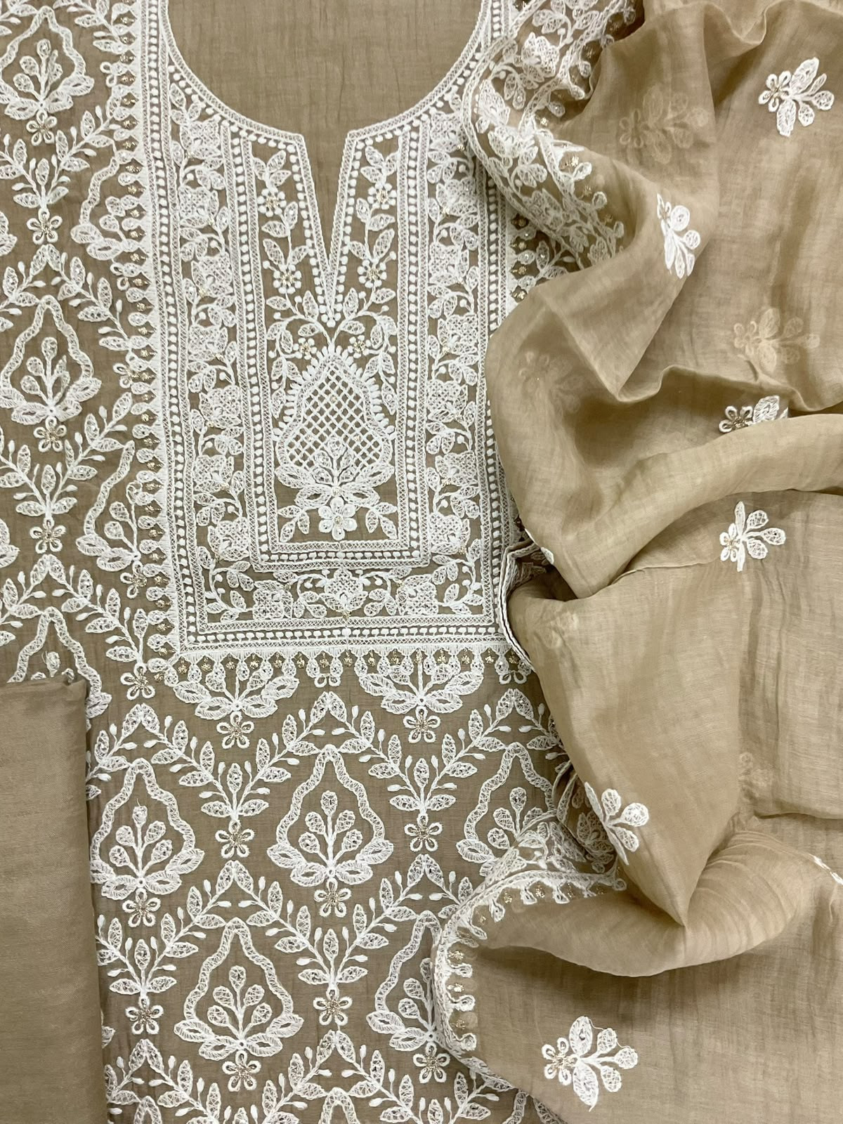 Pure Mul Chanderi Embroidered Suit - Brown
