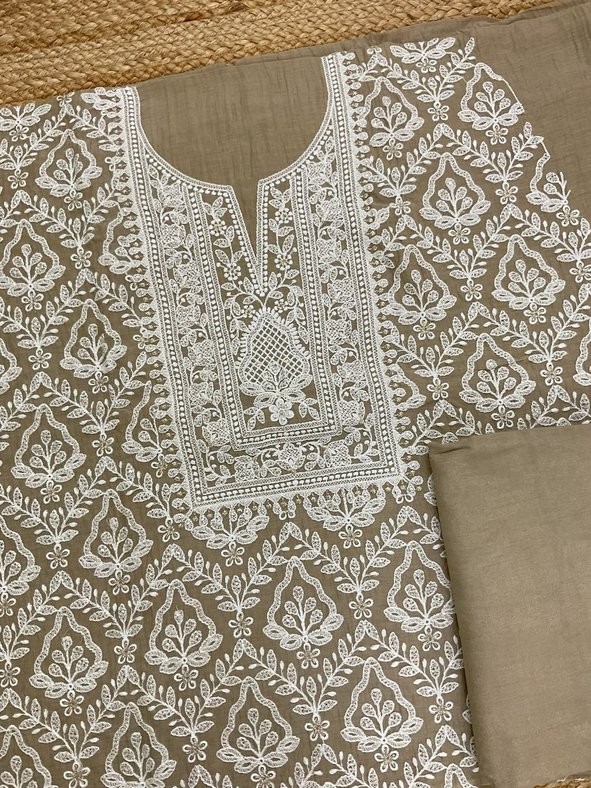 Pure Mul Chanderi Embroidered Suit - Brown