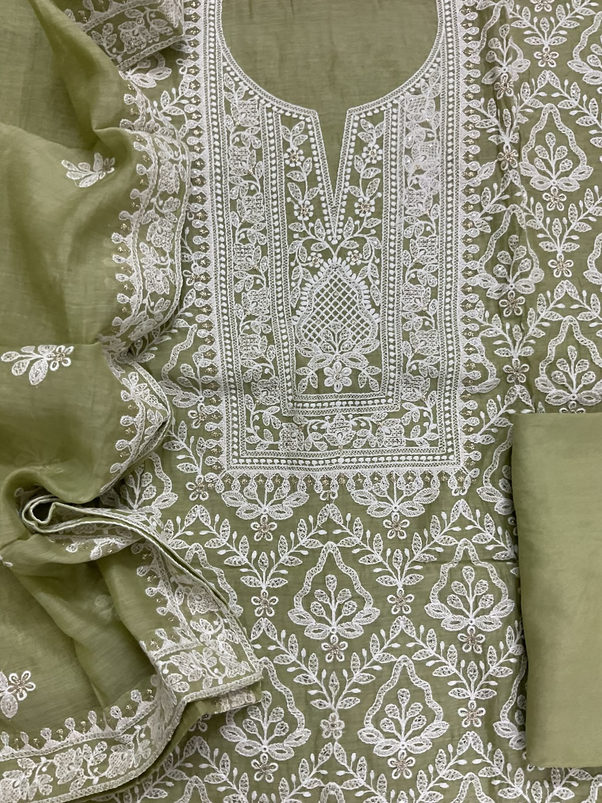 Pure Mul Chanderi Embroidered Suit - Green