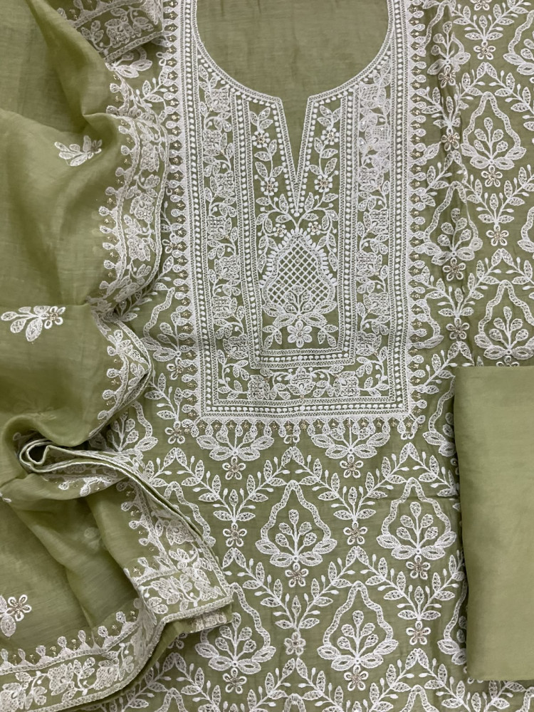 Image of Pure Mul Chanderi Embroidered Suit - Green