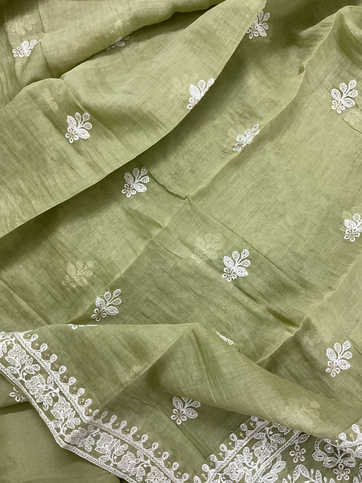 Pure Mul Chanderi Embroidered Suit - Green