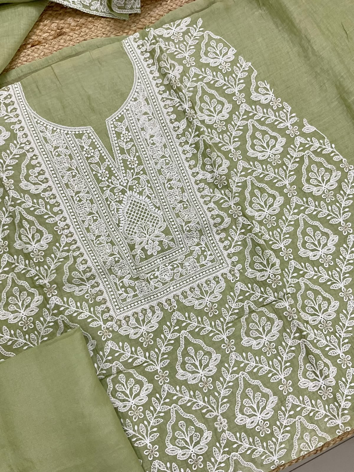 Pure Mul Chanderi Embroidered Suit - Green