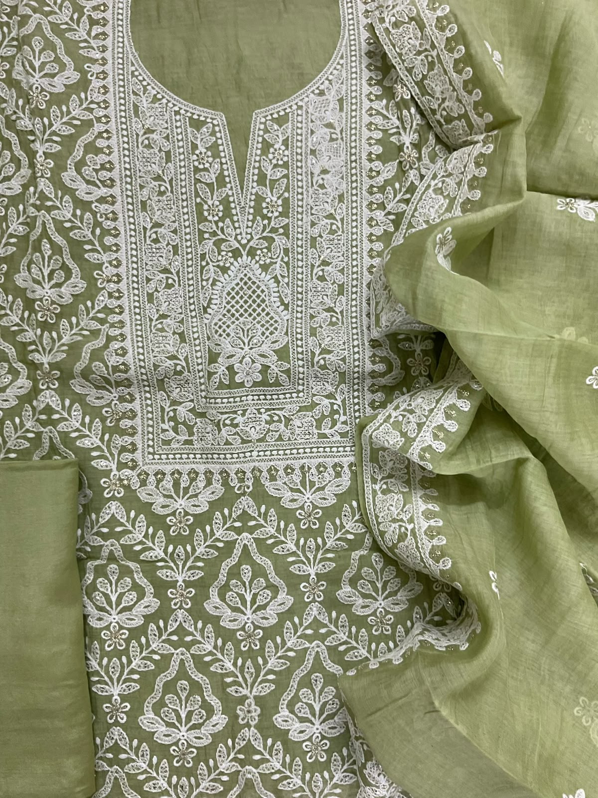 Pure Mul Chanderi Embroidered Suit - Green