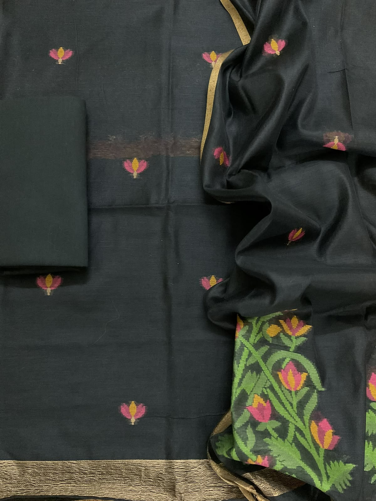 Soft Chanderi Jamdani Weaved Suit - Black