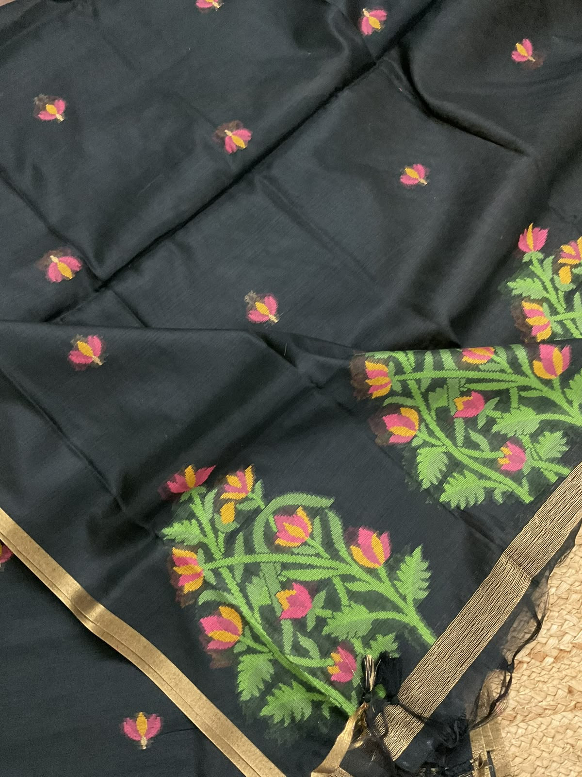 Soft Chanderi Jamdani Weaved Suit - Black