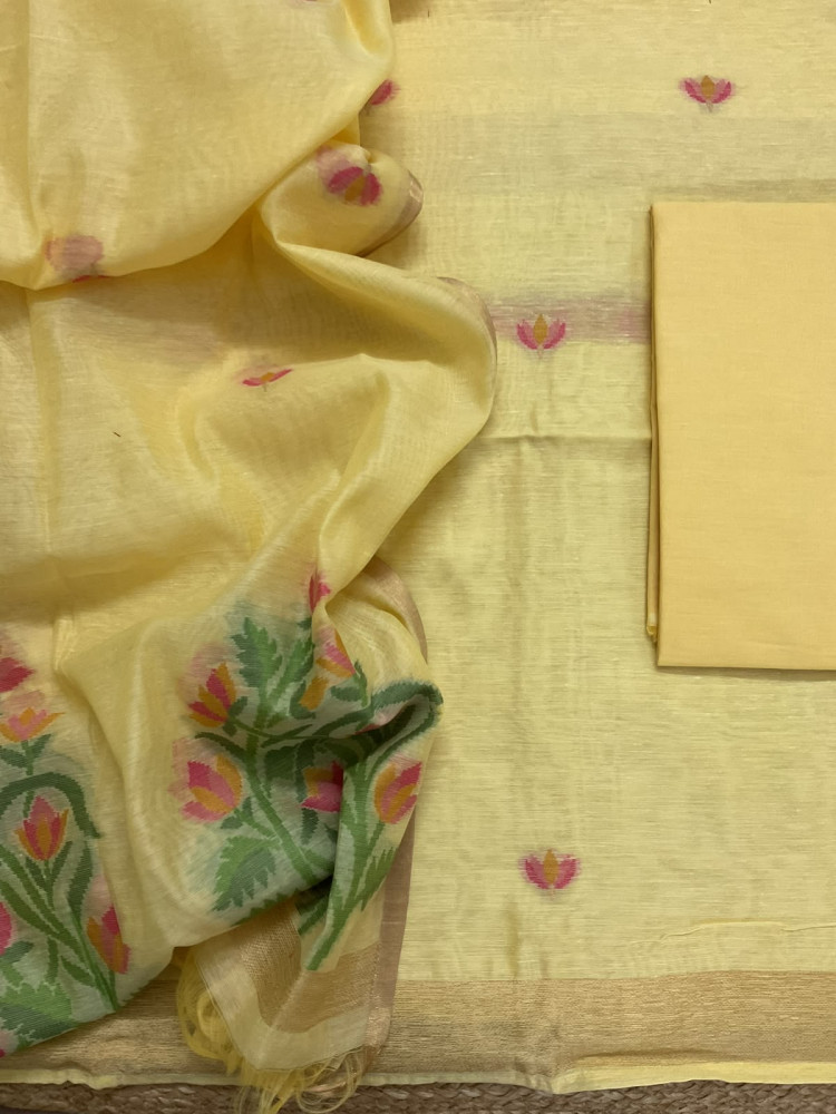 Image of Soft Chanderi Jamdani Weaved Suit - Yellow