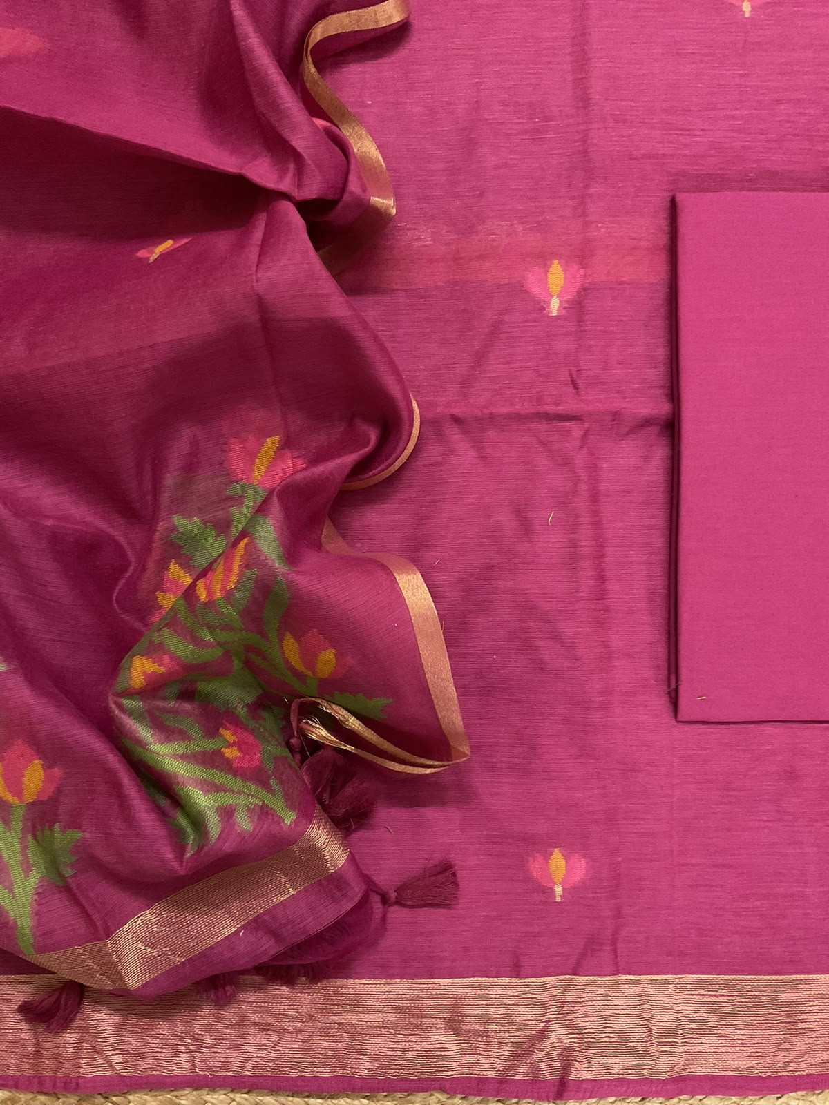 Soft Chanderi Jamdani Weaved Suit - Dark Pink