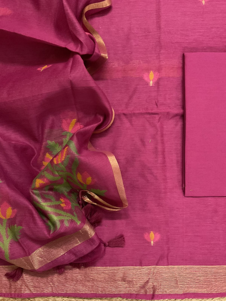 Image of Soft Chanderi Jamdani Weaved Suit - Dark Pink