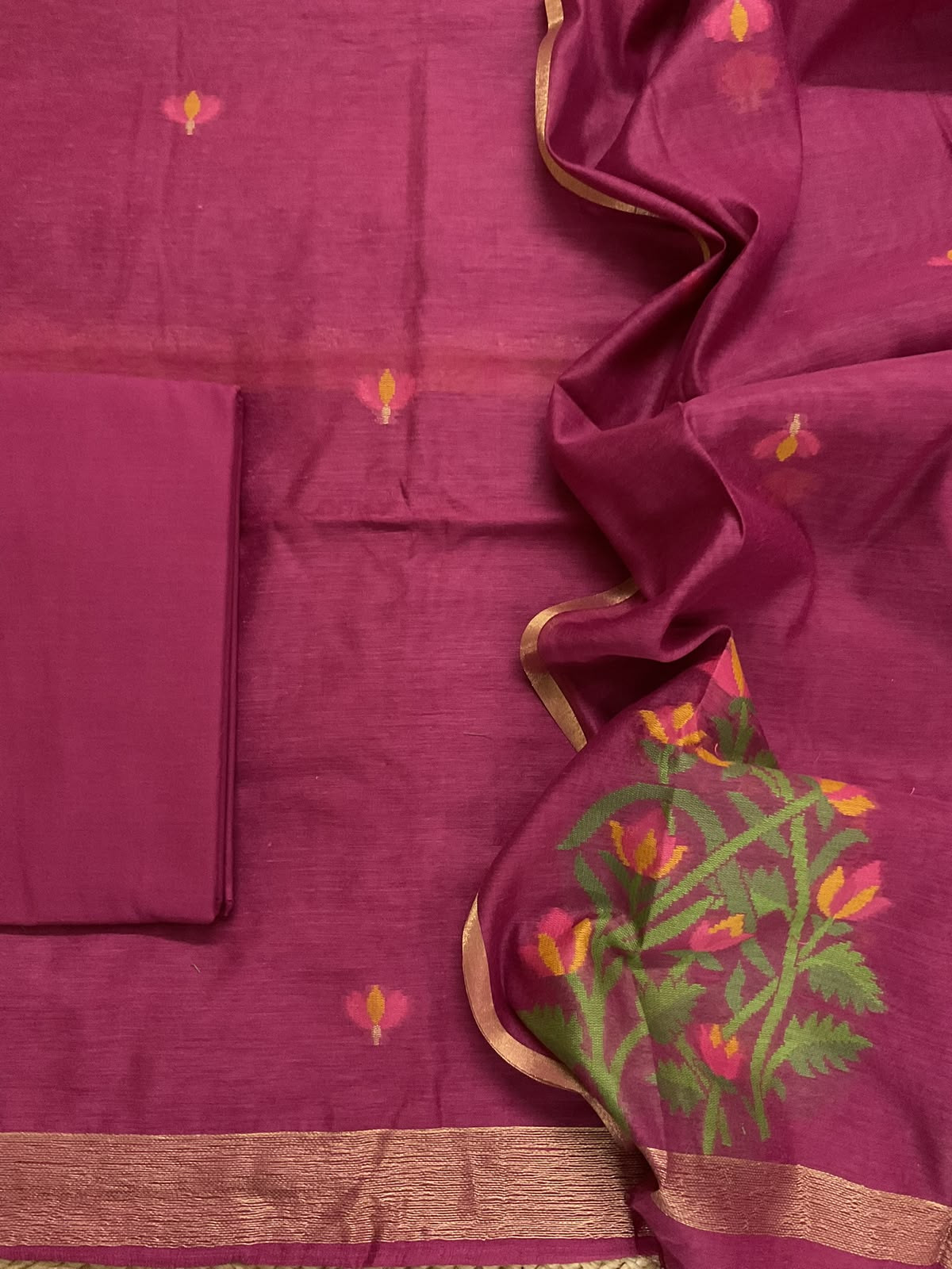 Soft Chanderi Jamdani Weaved Suit - Dark Pink