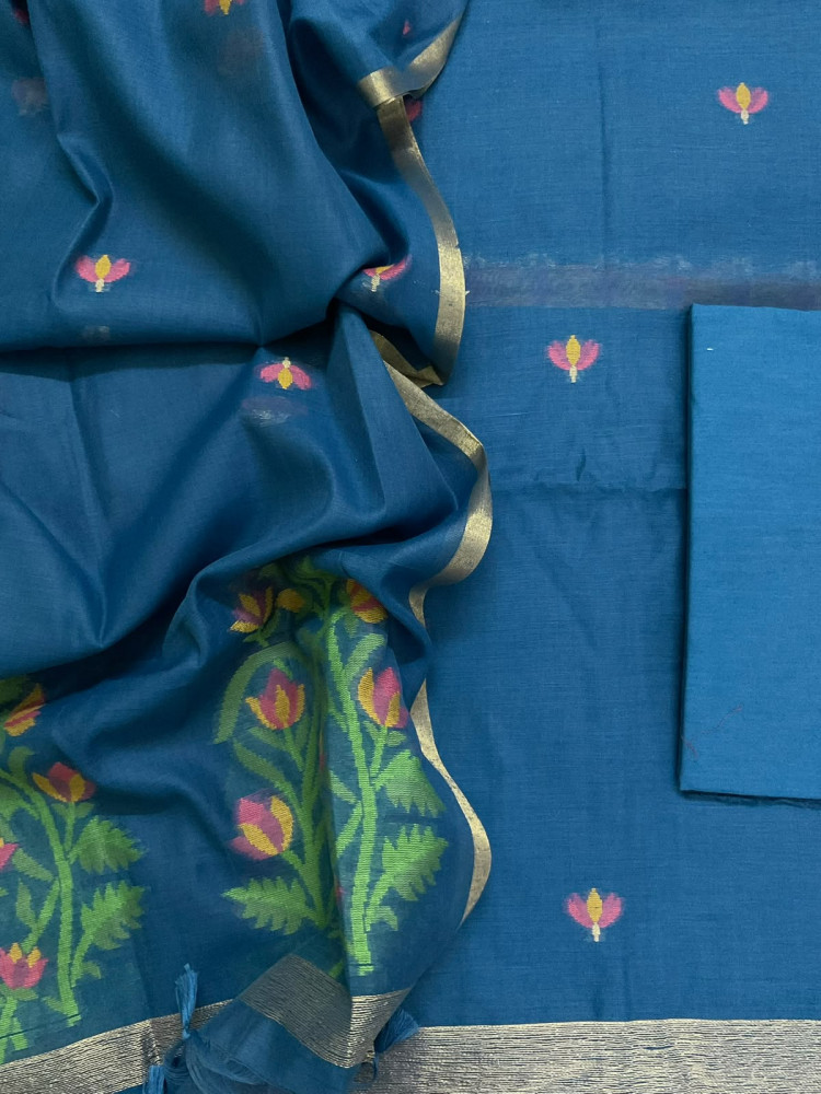 Image of Soft Chanderi Jamdani Weaved Suit - Blue