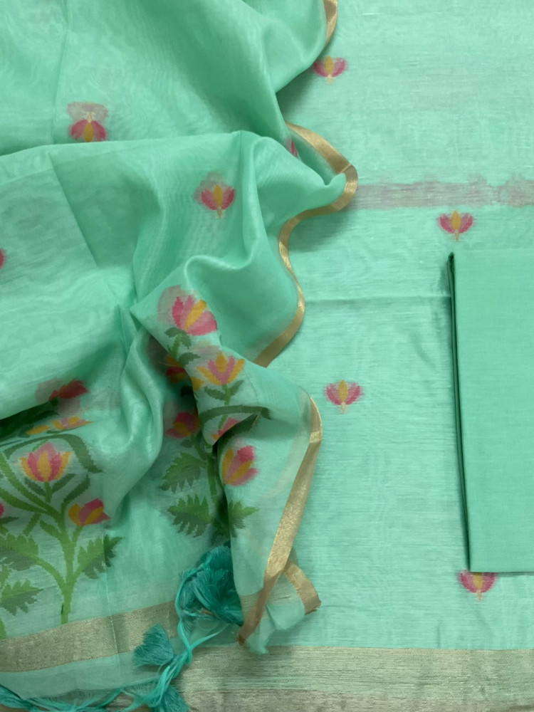 Image of Soft Chanderi Jamdani Weaved Suit - Sea Green