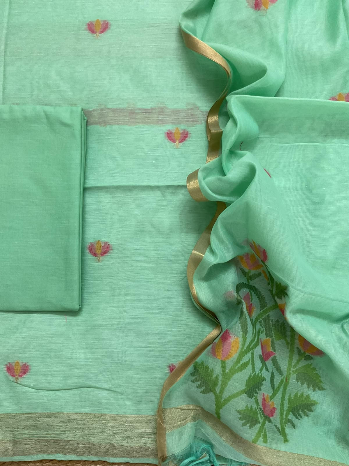 Soft Chanderi Jamdani Weaved Suit - Sea Green