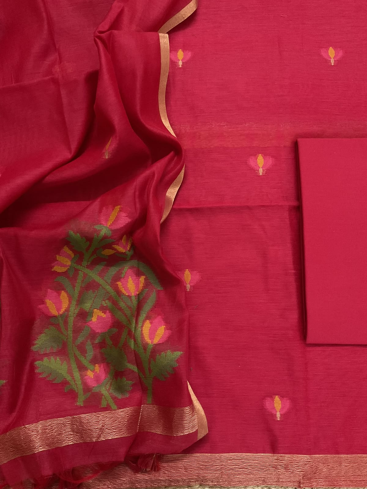 Soft Chanderi Jamdani Weaved Suit - Red