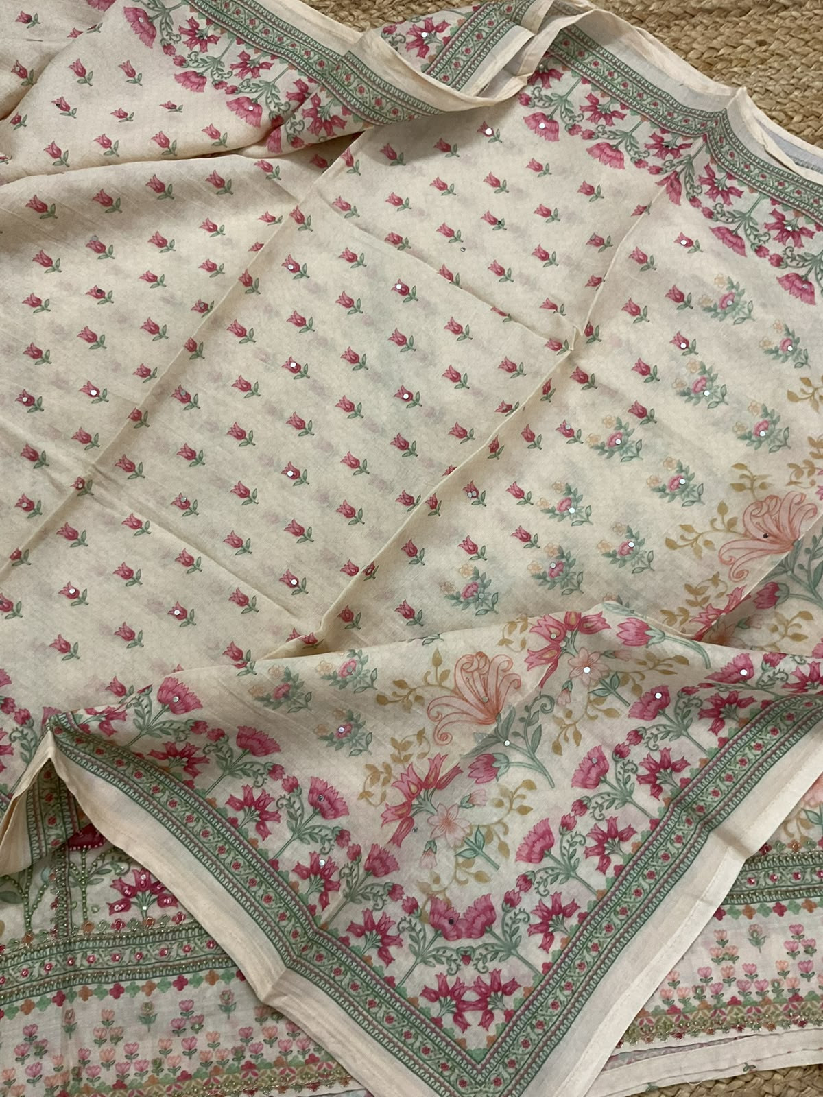 Pure Muslin Printed Embroidered Suit - Cream