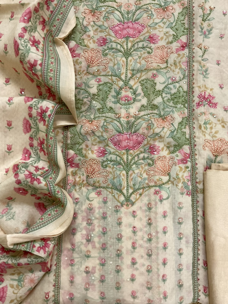 Image of Pure Muslin Printed Embroidered Suit - Cream