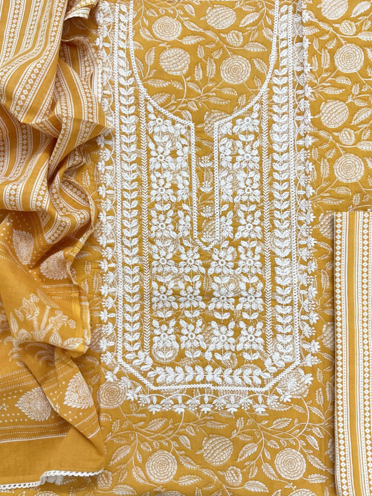 Image of Pure Cotton Printed Embroidered Suit - Yellow