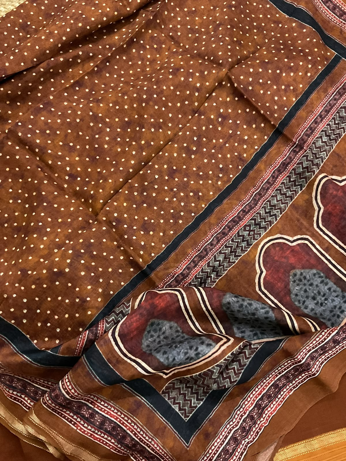 Pure Maheshwari Silk Printed Suit - Brown