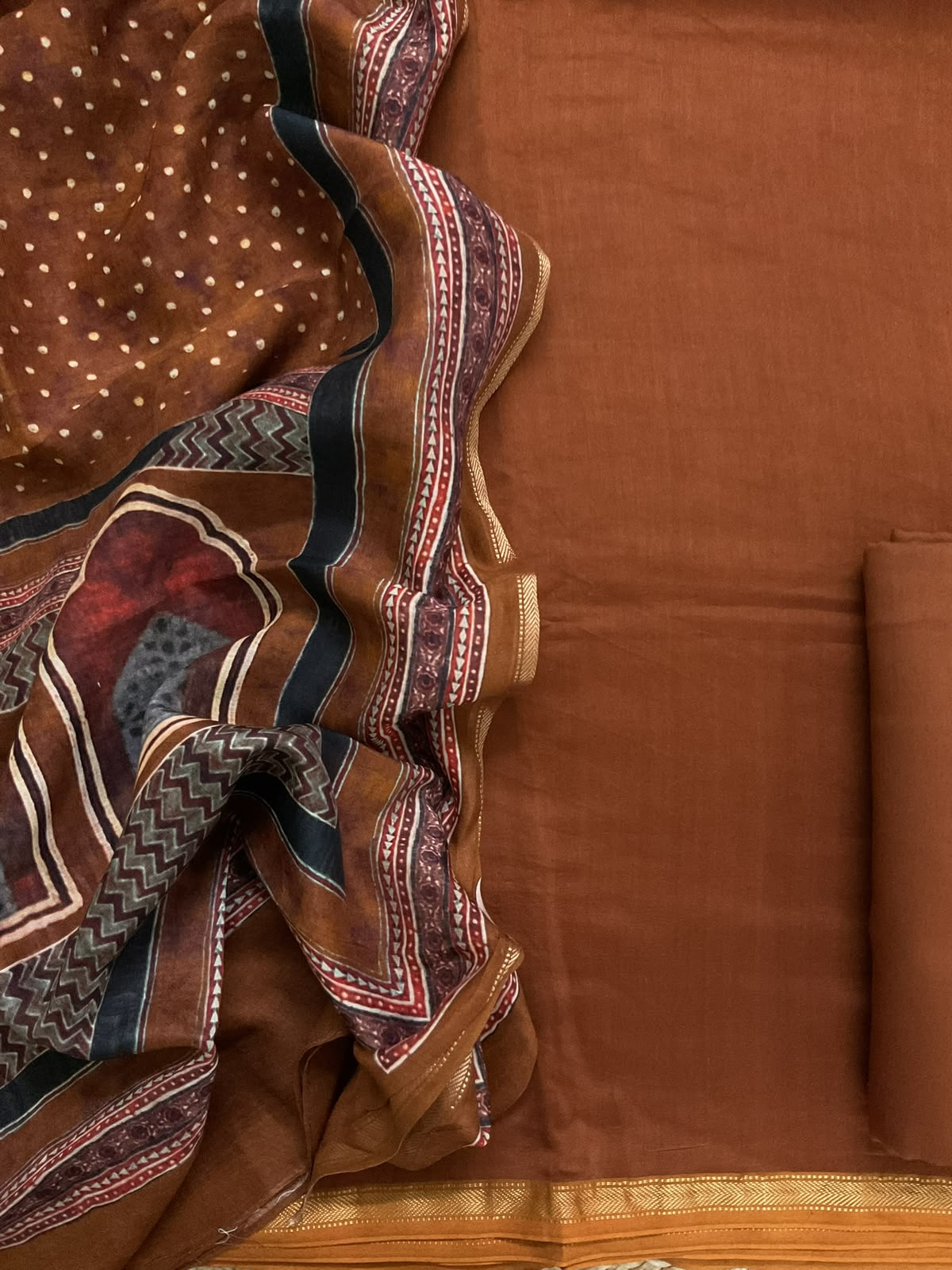 Pure Maheshwari Silk Printed Suit - Brown