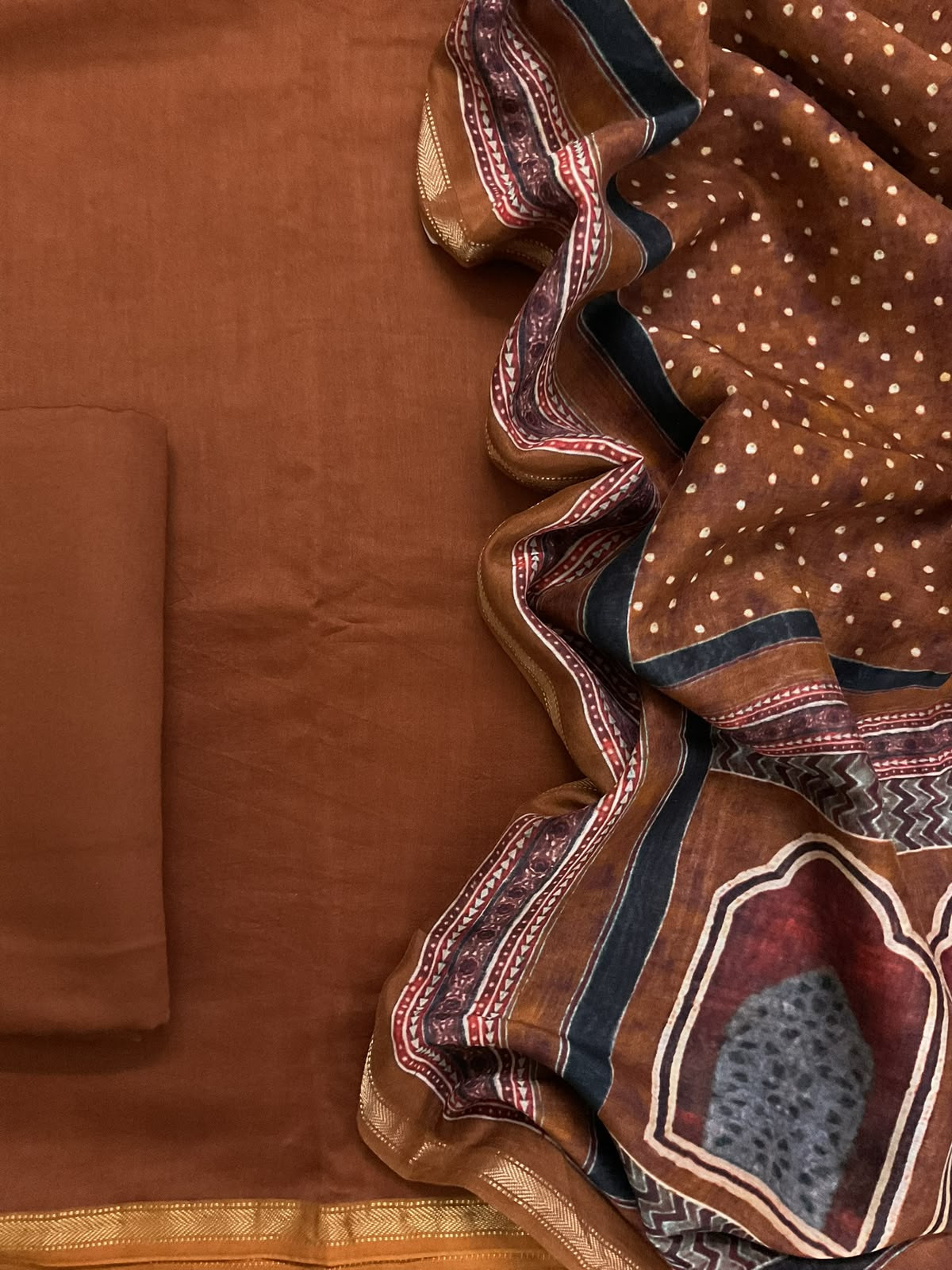 Pure Maheshwari Silk Printed Suit - Brown