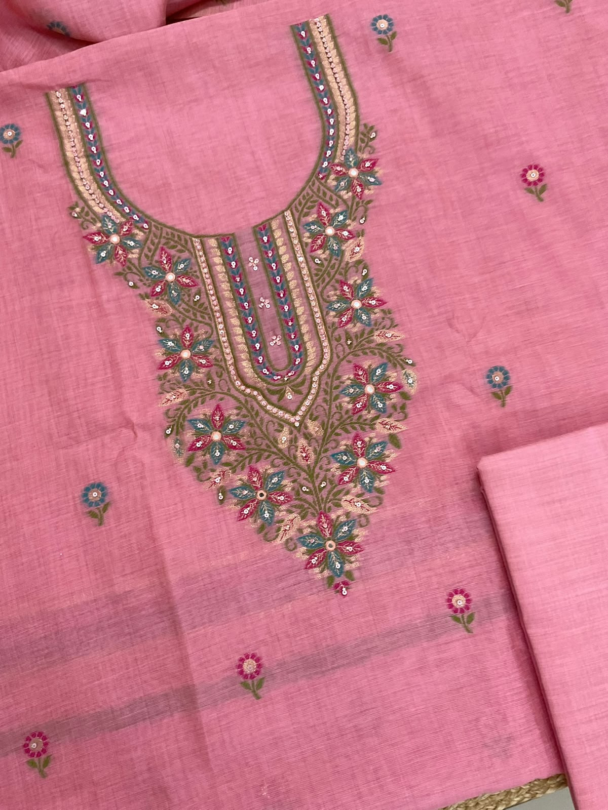 Soft Kora Chanderi Jamdani Weaved Embroidered Suit - Pink