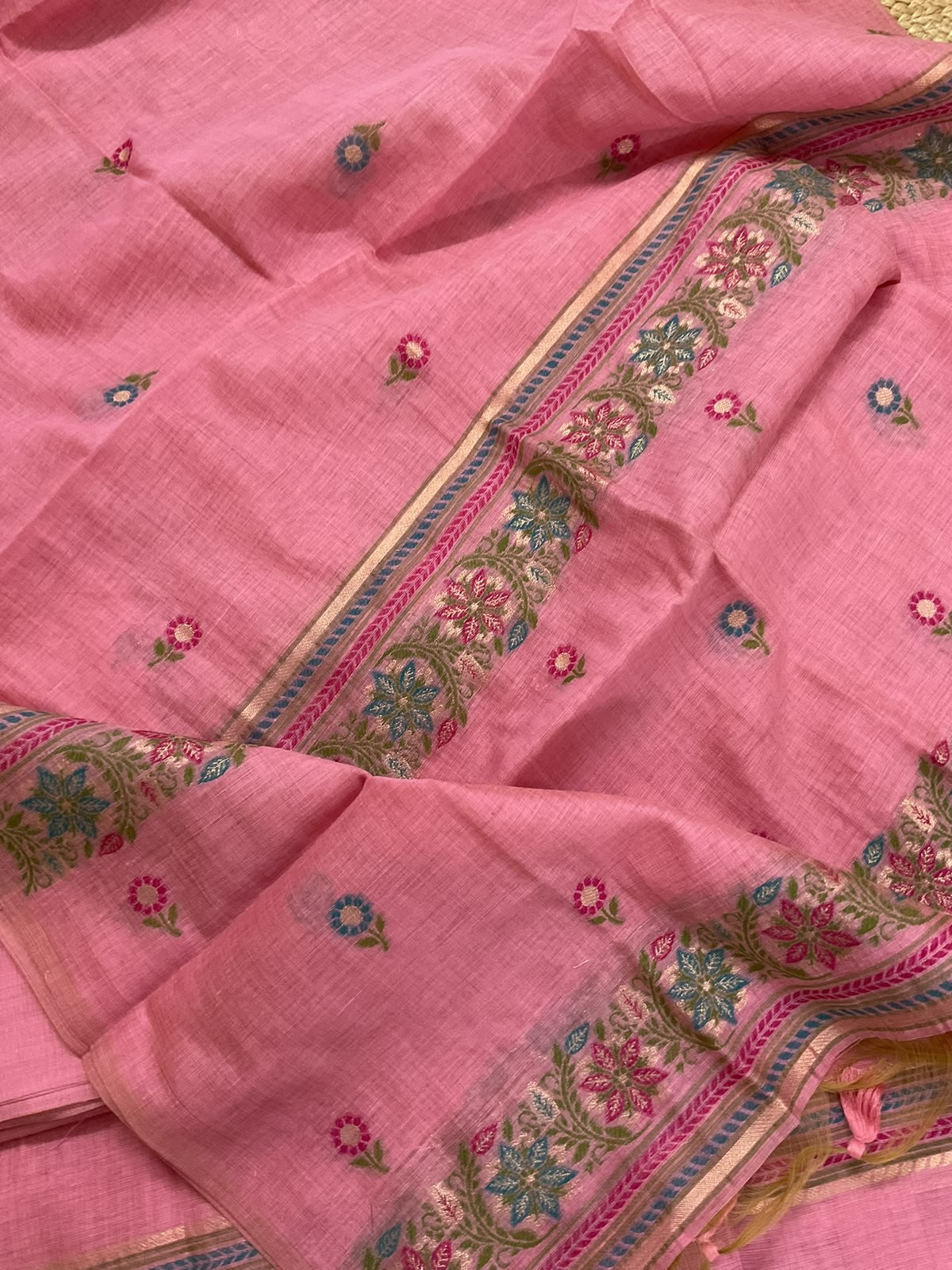 Soft Kora Chanderi Jamdani Weaved Embroidered Suit - Pink
