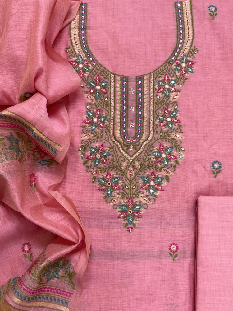 Image of Soft Kora Chanderi Jamdani Weaved Embroidered Suit - Pink