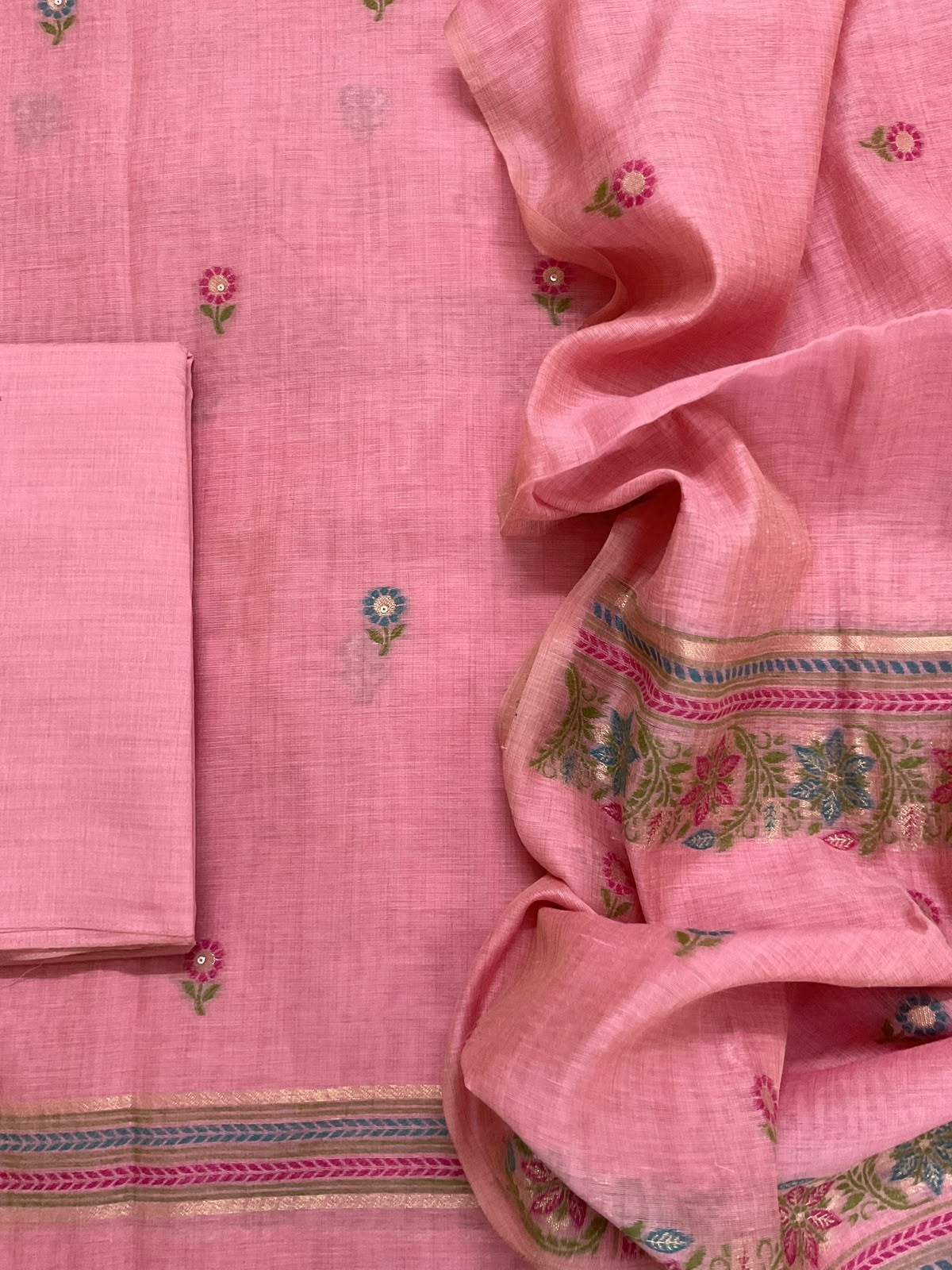 Soft Kora Chanderi Jamdani Weaved Embroidered Suit - Pink