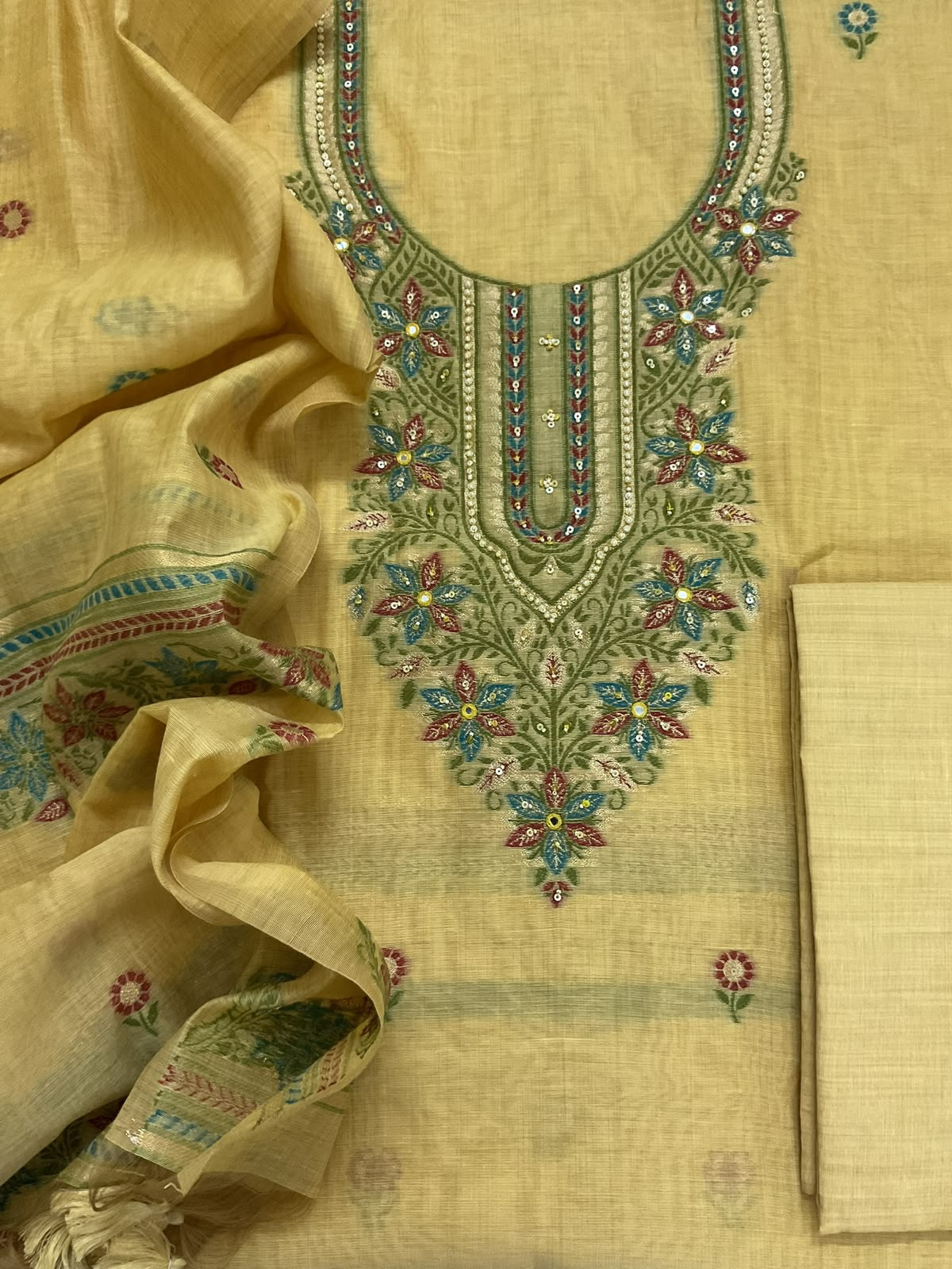 Soft Kora Chanderi Jamdani Weaved Embroidered Suit - Yellow