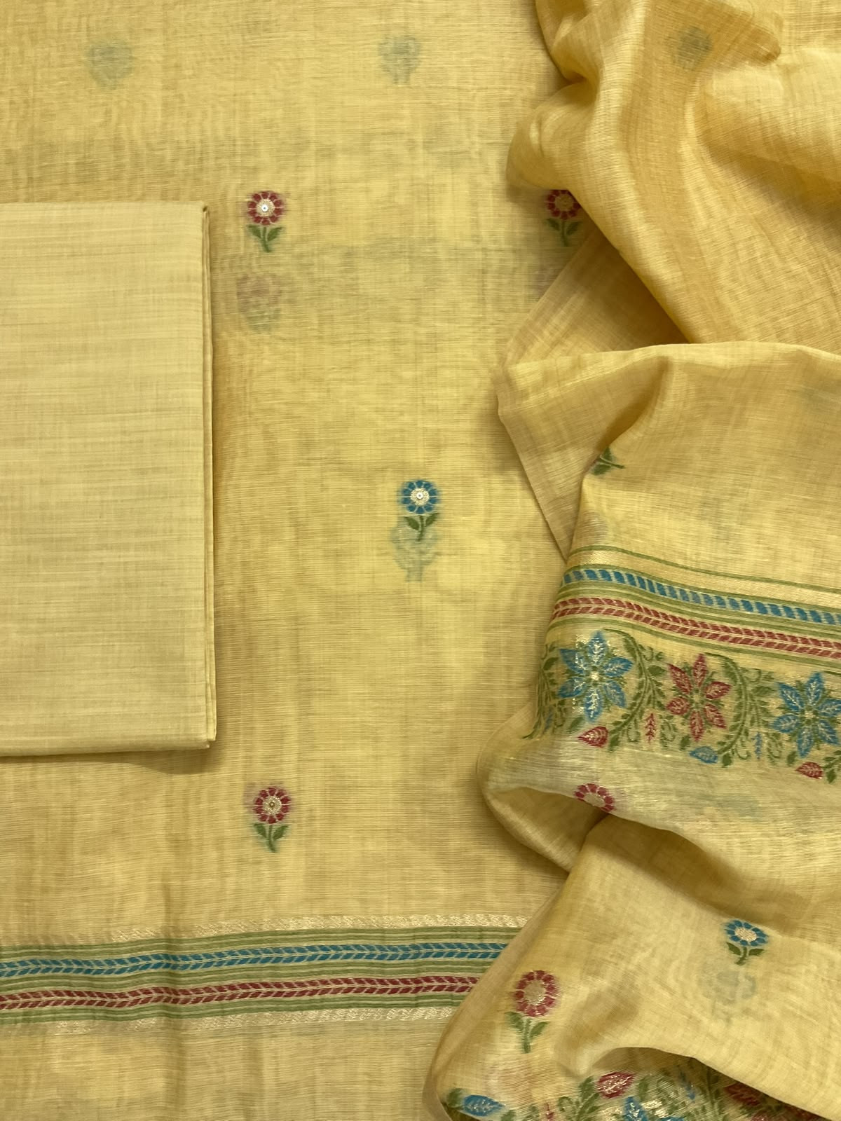 Soft Kora Chanderi Jamdani Weaved Embroidered Suit - Yellow