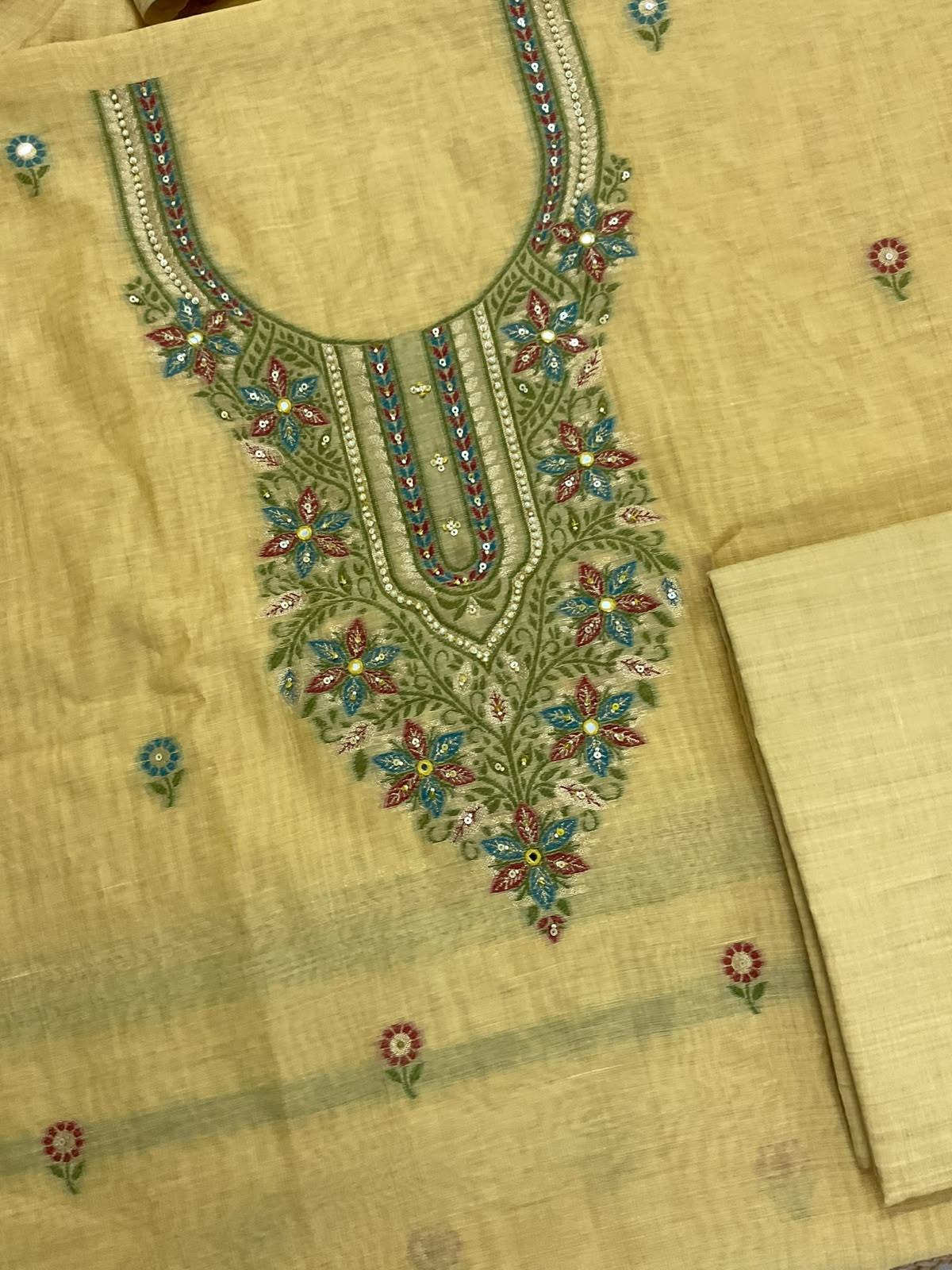 Soft Kora Chanderi Jamdani Weaved Embroidered Suit - Yellow