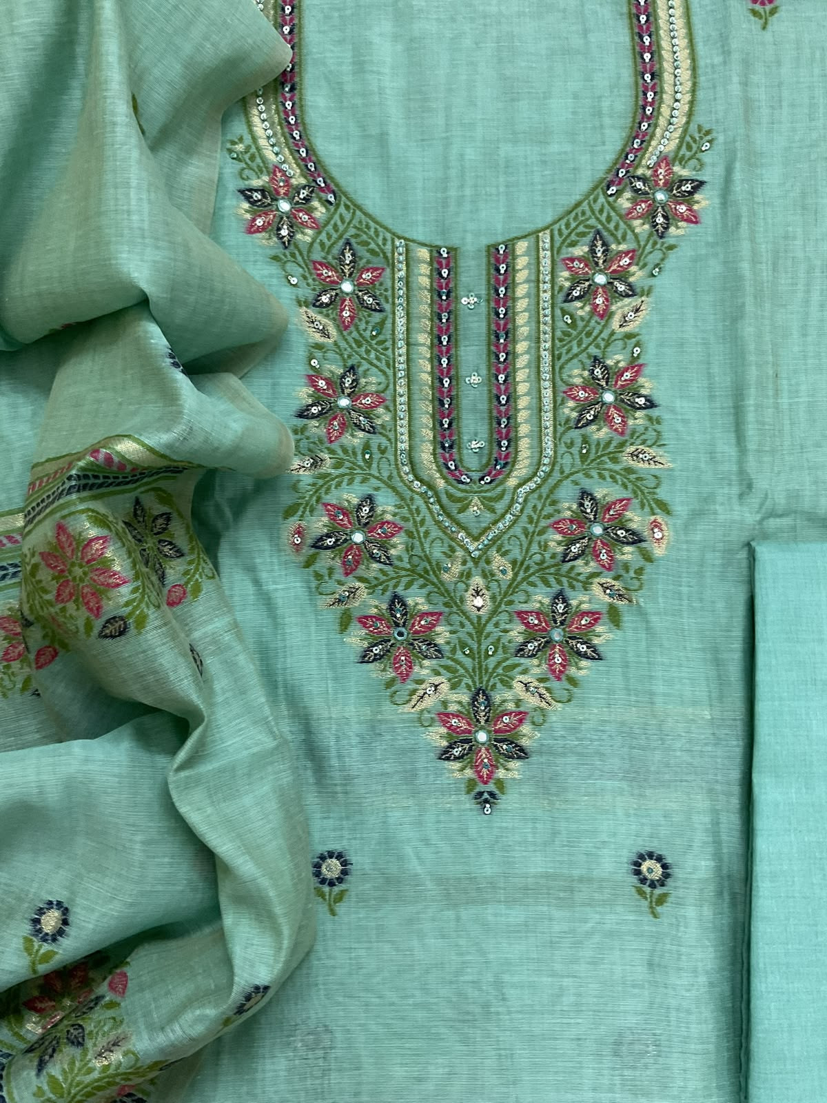 Soft Kora Chanderi Jamdani Weaved Embroidered Suit - Blue