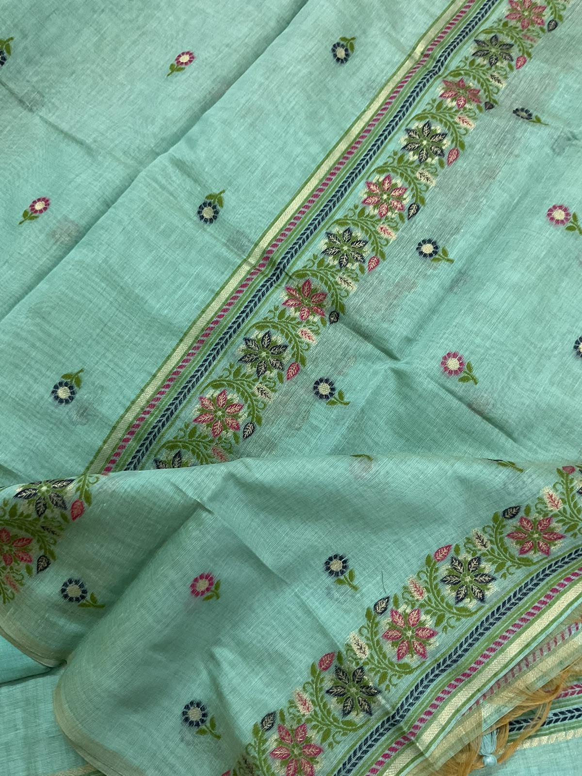 Soft Kora Chanderi Jamdani Weaved Embroidered Suit - Blue