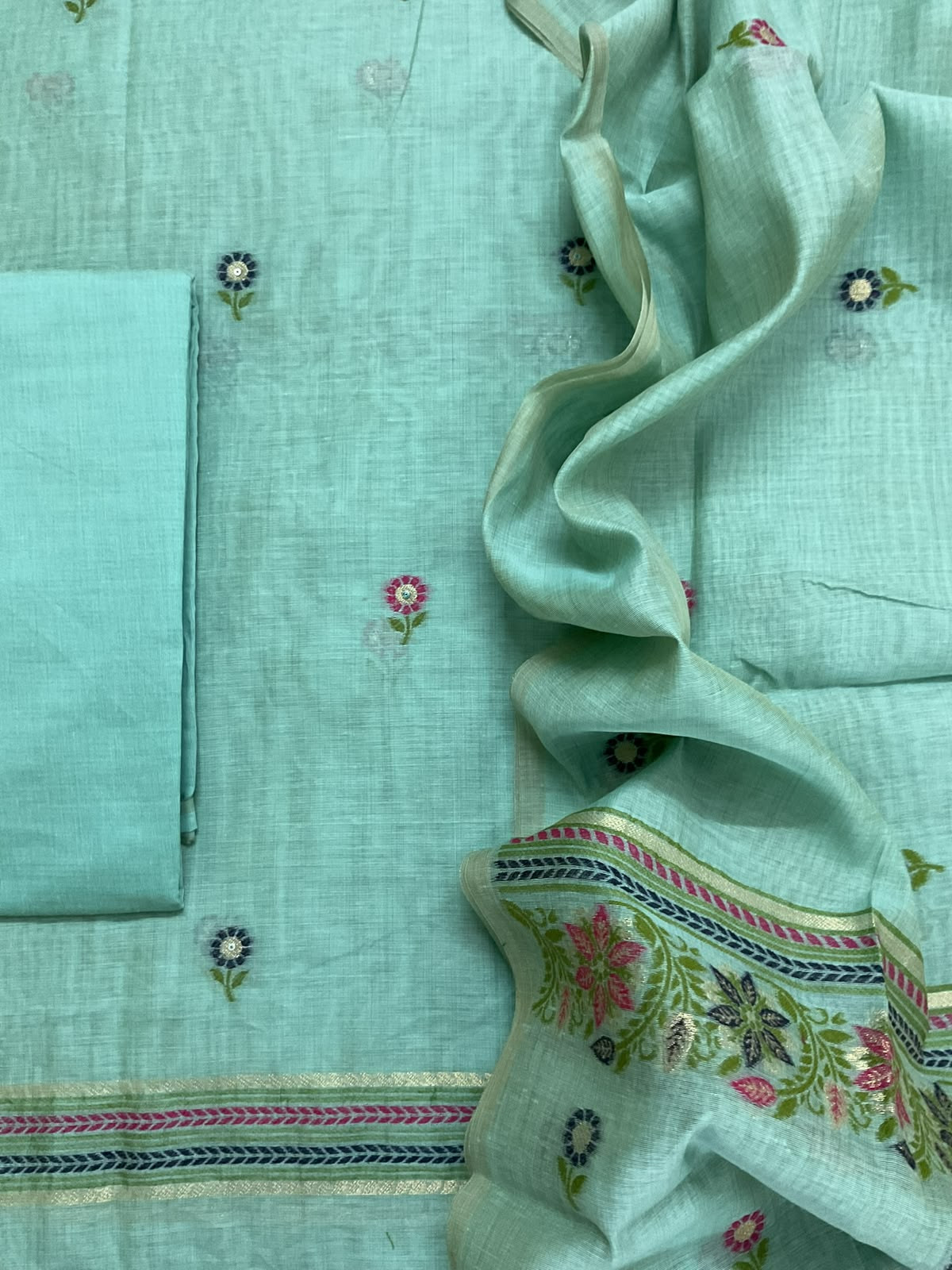 Soft Kora Chanderi Jamdani Weaved Embroidered Suit - Blue