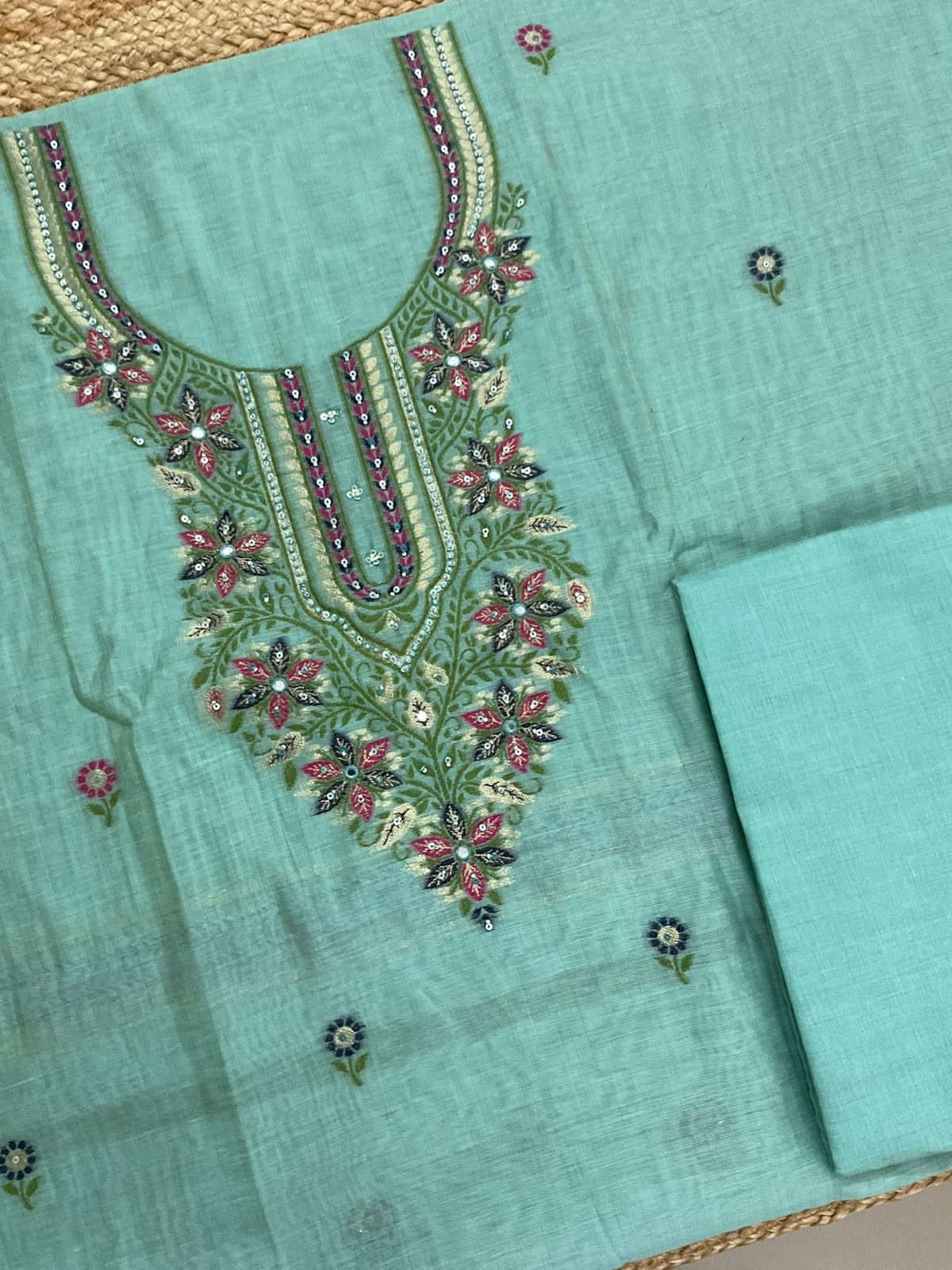 Soft Kora Chanderi Jamdani Weaved Embroidered Suit - Blue