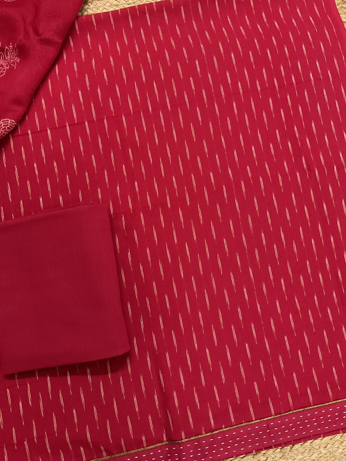 Pure Fine Ikkat Cotton Self Weaved Printed Suit - Red