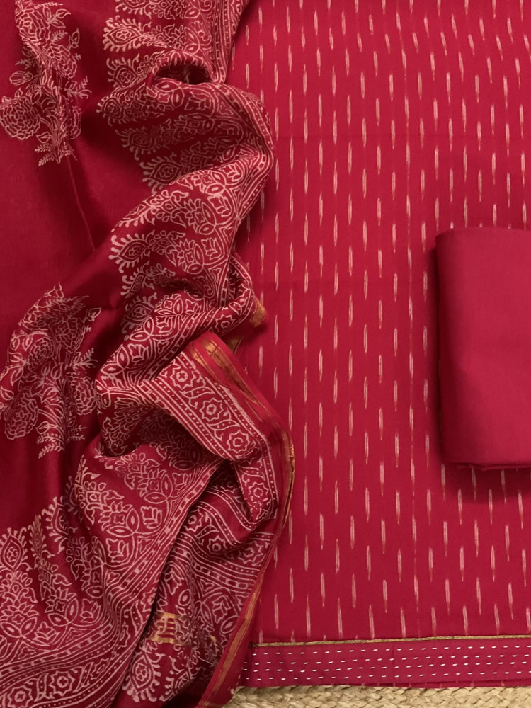 Image of Pure Fine Ikkat Cotton Self Weaved Printed Suit - Red