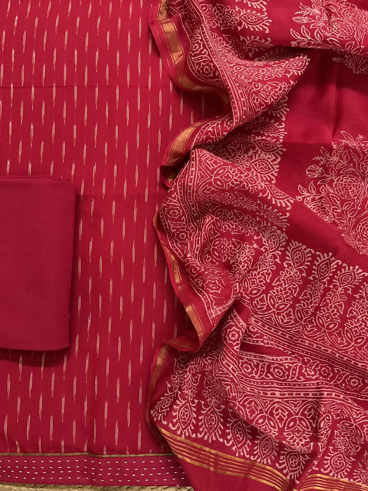 Pure Fine Ikkat Cotton Self Weaved Printed Suit - Red