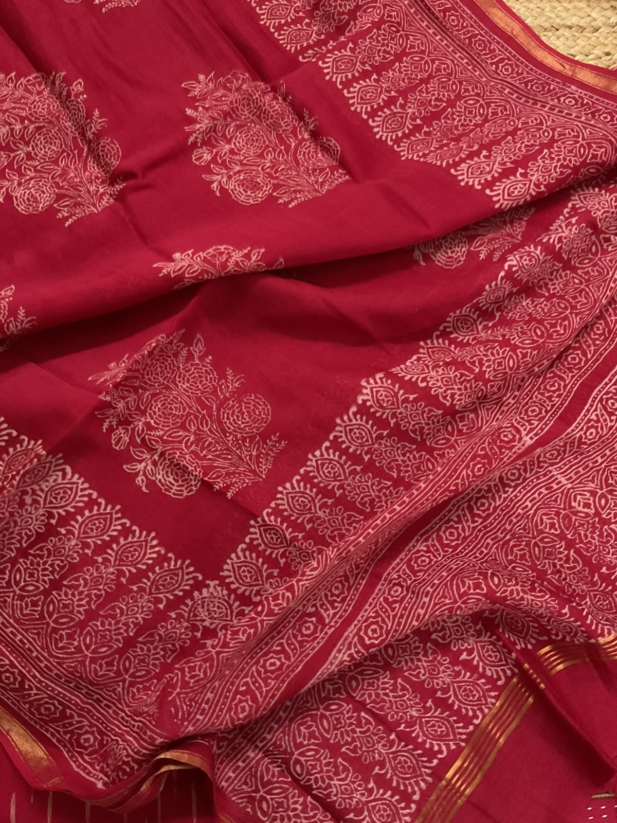 Pure Fine Ikkat Cotton Self Weaved Printed Suit - Red